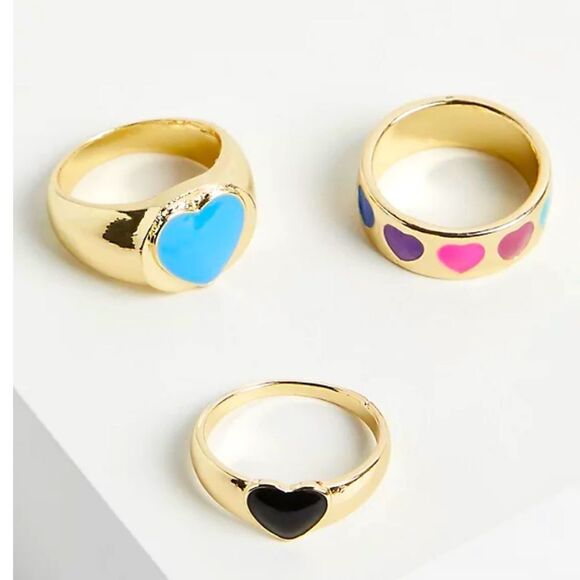 TORRID ALWAYS PROUD RAINBOW HEART ENAMEL RINGS - GOLD TONE - Picture 1 of 4